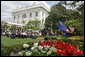 President George W. Bush, European Council President Angela Merkel of Germany and European Commission President Jose Manuel Barroso of Portugal hold a joint press conference Monday, April 30, 2007, in the Rose Garden. "I believe it's in this country's interests that we reject isolationism and protectionism and encourage free trade," said the President. "I'm under no illusions as to how hard it will be to achieve the objective, but the first thing is there must be a firm commitment by the leadership to get a deal." White House photo by Joyce Boghosian