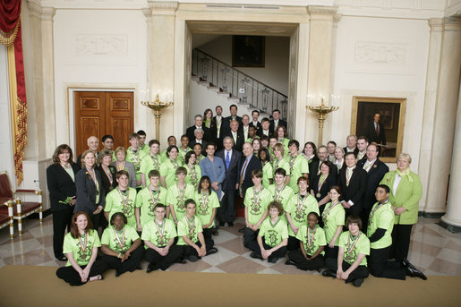 President George W. Bush talks with some of the winners in the FIRST Competition (For Inspiration and Recognition of Science and Technology) Monday, April 30, 2007, at the White House. Founded in 1989, the program encourages young students to pursue education and career opportunities in science, technology, engineering, and math, while building self-confidence, knowledge, and life skills. White House photo by Joyce Boghosian