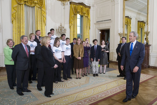 President George W. Bush talks with some of the winners in the FIRST Competition (For Inspiration and Recognition of Science and Technology) Monday, April 30, 2007, at the White House. Founded in 1989, the program encourages young students to pursue education and career opportunities in science, technology, engineering, and math, while building self-confidence, knowledge, and life skills. White House photo by Joyce Boghosian