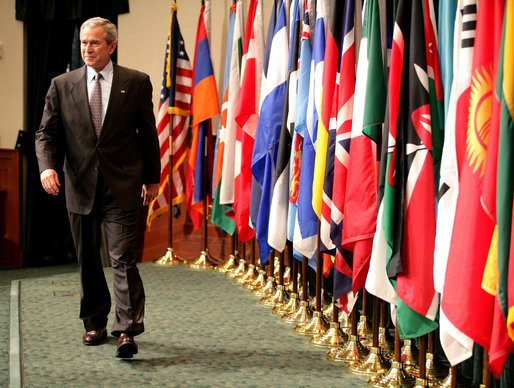 President George W. Bush walks on stage Tuesday, May 1, 2007, at Davis Conference Center at Tampa's MacDill Air Force Base, to deliver remarks to the CENTCOM Coalition Conference. White House photo by Eric Draper