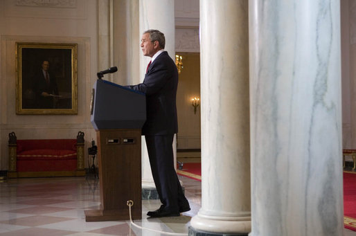 President George W. Bush issues a statement Tuesday, May 1, 2007, regarding his veto of the Iraq War Supplemental. Speaking from Cross Hall in the White House, the President said, "We need to give our troops all the equipment and the training and protection they need to prevail. The need to act is urgent." White House photo by David Bohrer