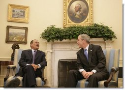President George W. Bush meets with President Ali Abdullah Saleh of Yemen in the Oval Office Wednesday, May 2, 2007. Said the President, "We had a very good discussion about the neighborhood in which the President lives. And I thanked the President for his strong support in this war against extremists and terrorists."  White House photo by Joyce N. Boghosian