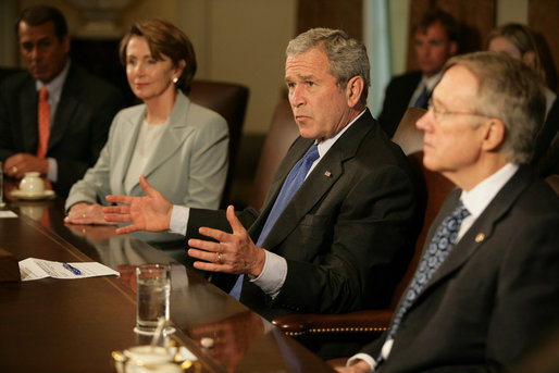 President George W. Bush speaks during a meeting with the bicameral, bipartisan Congressional leadership Wednesday, May 2, 2007, in the Cabinet Room of the White House. Said the President before the meeting, " I thank the leaders from Congress for coming down to discuss the Iraq funding issue. Yesterday was a day that highlighted differences. Today is a day where we can work together to find common ground." White House photo by Eric Draper