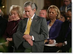 President George W. Bush sits next to Shirley Dobson, Chair of the National Day of Prayer, during an observance of the day Thursday, May 3, 2007, in the East Room of the White House.  White House photo by Eric Draper