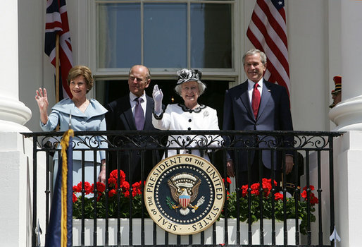 President George W. Bush and Mrs. Laura Bush wave to an audience of 7,000 guests during the Arrival Ceremony for Her Majesty Queen Elizabeth II and His Royal Highness The Prince Philip Duke of Edinburgh Monday, May 7, 2007, on the South Lawn. White House photo by David Bohrer