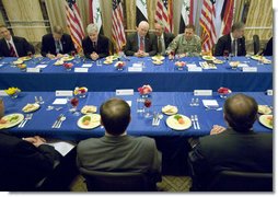 Vice President Dick Cheney is joined by U.S. officials during a lunch with Prime Minister Nouri al-Maliki of Iraq, and Iraqi Cabinet members Wednesday, May 9, 2007 at the U.S. Embassy in Baghdad.  White House photo by David Bohrer