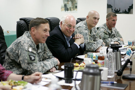 Vice President Dick Cheney participates in a classified briefing Thursday, May 10, 2007, with U.S. commanders General David Petraeus, left, and Lieutenant Generals Raymond Odierno and Stanley McChrystal during a visit to Contingency Operating Base Speicher near Tikrit, Iraq. White House photo by David Bohrer