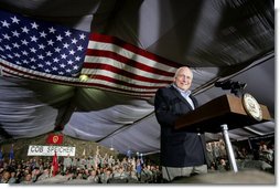 Vice President Dick Cheney delivers remarks Thursday, May 10, 2007 to the troops of the 25th Infantry Division and Task Force Lightning at Contingency Operating Base Speicher, Iraq.  White House photo by David Bohrer