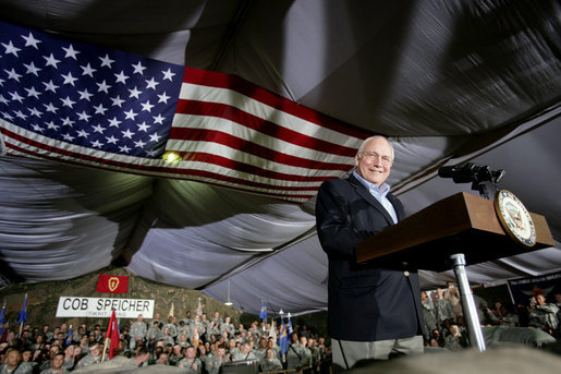 Vice President Dick Cheney delivers remarks Thursday, May 10, 2007 to the troops of the 25th Infantry Division and Task Force Lightning at Contingency Operating Base Speicher, Iraq. White House photo by David Bohrer