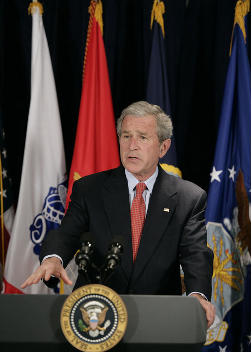 President George W. Bush addresses reporters following his meeting with Secretary of Defense Robert Gates and members of the Joint Chiefs of Staff Thursday, May 10, 2007, at the Pentagon in Arlington,Va., discussing the needs of our military in Iraq and Afghanistan and the latest developments in implementing the new Baghdad security plan. White House photo by Eric Draper