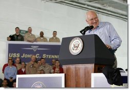Vice President Dick Cheney delivers remarks, Friday, May 11, 2007, to U.S. troops aboard the aircraft carrier USS John C. Stennis in the Persian Gulf.  White House photo by David Bohrer
