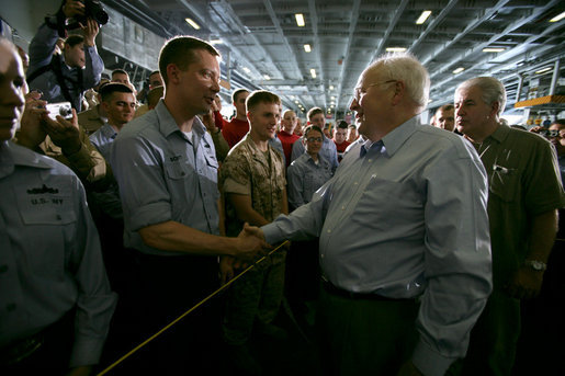 Vice President Dick Cheney greets sailors and marines, Friday, May 11, 2007, during a rally aboard the aircraft carrier USS John C. Stennis in the Persian Gulf. White House photo by David Bohrer