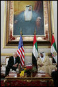 Vice President Dick Cheney meets with President Khalifa bin Zayid al-Nuhayyan of the United Arab Emirates, Saturday, May 12, 2007, at Al-Bateen Palace in Abu Dhabi, United Arab Emirates. Behind them is a portrait of the President's late father, Sheikh Zayed bin Sultan Al Nahyan. White House photo by David Bohrer