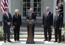 President George W. Bush delivers a statement on CAFE and alternative fuel standards Monday, May 14, 2007, in the Rose Garden. Pictured with President Bush are, from left: Energy Deputy Secretary Clay Sell, Transportation Secretary Mary Peters, EPA Administrator Stephen Johnson and Agricultural Secretary Mike Johanns. “Our dependence on oil creates a threat to America's national security, because it leaves us more vulnerable to hostile regimes, and to terrorists who could attack oil infrastructure,” said President Bush. White House photo by Joyce N. Boghosian