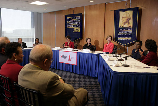 Mrs. Laura Bush talks about heart health issues for women Monday, May 14, 2007, during a roundtable discussion for The Heart Truth campaign at The George Washington University Hospital in Washington, D.C. The Heart Truth is a national awareness campaign for women about heart disease that is sponsored by the National Heart, Lung, and Blood Institute, part of the National Institutes of Health, U.S. Department of Health and Human Services. White House photo by Shealah Craighead