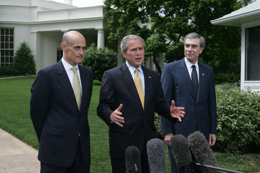 President George W. Bush, center, joined by Homeland Security Secretary Michael Chertoff, left, and Commerce Secretary Carlos Gutierrez, right, makes a statement on immigration reform Thursday, May 17, 2007 on the South Lawn of the White House. "I want to thank the members of the Senate who worked hard, said President Bush. "I appreciate the leadership shown on both sides of the aisle. As I reflect upon this important accomplishment, important first step toward a comprehensive immigration bill, it reminds me of how much the Americans appreciate the fact that we can work together -- when we work together they see positive things." White House photo by Joyce Boghosian