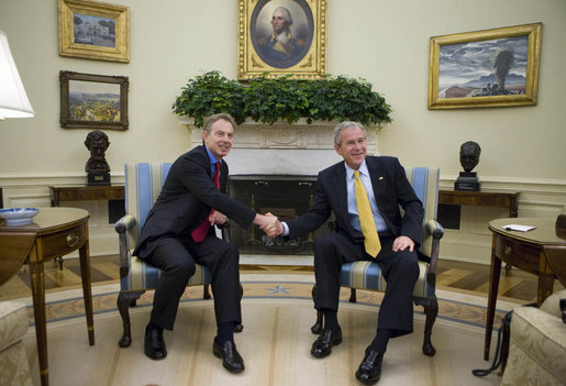 President George W. Bush and Prime Minister Tony Blair of the United Kingdom, shake hands Thursday, May 17, 2007, as they meet in the Oval Office of the White House. The visit to Washington, D.C. marked the last for the Prime Minister, who has announced he will step down in June. White House photo by Eric Draper