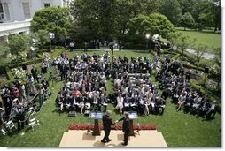 President George W. Bush and Prime Minister Tony Blair of the United Kingdom, shake hands as they end their joint press availability Thursday, May 17, 2007, in the Rose Garden of the White House.  White House photo by Shealah Craighead