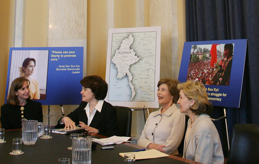 Mrs. Laura Bush meets with U.S. Senator Kay Bailey Hutchison, R-Texas, right, Sen. Dianne Feinstein, D-Calif. and Paula Dobriansky, Undersecretary of State for Democracy and Global Affairs, as Mrs. Bush attends the Senate Women’s Caucus Wednesday, May 23, 2007 at the U.S. Capitol in Washington, D.C., calling for the unconditional release of Nobel laureate and Myanmar opposition leader Aung San Suu Kyi. White House photo by Shealah Craighead