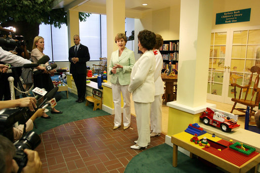 Mrs. Laura Bush speaks to the media during her visit Friday, May 25, 2007, to the Childhelp Children's Advocacy Center in Phoenix. Mrs. Bush commended the work of organizations that serve abused or neglected children, and highlighted the role that caring adults can play in preventing and reporting child abuse. White House photo by Shealah Craighead