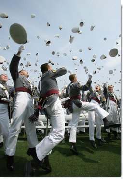 Graduates of the U.S. Military Academy toss their hats in celebration Saturday, May 26, 2007, following commencement ceremonies in West Point, N.Y. White House photo by David Bohrer