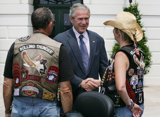 President George W. Bush welcomes members of the Rolling Thunder motorcycle organization to the White House Sunday, May 27, 2007. This Memorial Day marks Rolling Thunder’s 20th year supporting U.S. troops at home, abroad and missing in action. White House photo by Chris Greenberg