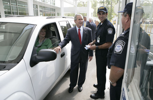 President George W. Bush stands at a simulated border crossing Tuesday, May 29, 2007, during a tour of the Federal Law Enforcement Training Center in Glynco, Ga. White House photo by Eric Draper
