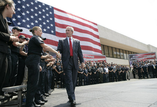 President George W. Bush greets students and staff after delivering remarks Tuesday, May 29, 2007, on immigration reform during a visit to the Federal Law Enforcement Training Center in Glynco, Ga. The President thanked his audience, saying: "I appreciate the folks at FLETC that I met that are working the border and helping train people to secure this border of ours." White House photo by Eric Draper