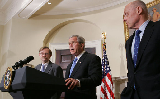 President George W. Bush is joined by U.S. Treasury Secretary Henry Paulson, right, and former Deputy Secretary of State Robert B. Zoellick Wednesday, May 30, 2007, in the Roosevelt Room at the White House, as President Bush nominates Zoellick to be the new president at the World Bank replacing Paul Wolfowitz. White House photo by Chris Greenberg