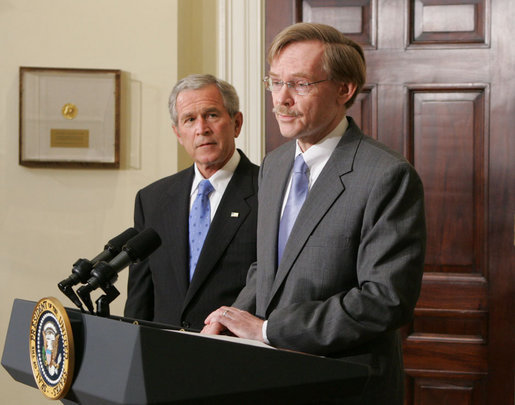 President George W. Bush listens as former Deputy Secretary of State Robert B. Zoellick addresses members of the media Wednesday, May 30, 2007, in the Roosevelt Room at the White House following President Bush’s nomination of Zoellick to be the new president at the World Bank. White House photo by Chris Greenberg