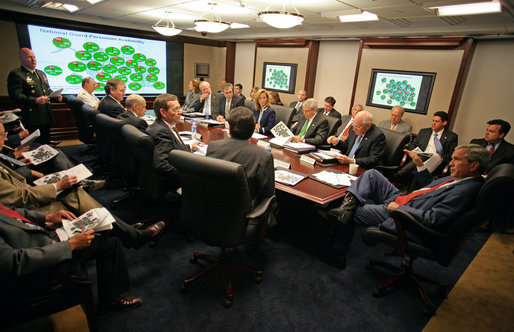 President George W. Bush meets with the Homeland Security Council, including Vice President Dick Cheney, Homeland Security Advisor Frances Fragos Townsend, center, and members of his Cabinet, Friday, June 1, 2007, to discuss the federal government's preparedness for this year's hurricane season in the White House Situation Room. The President received briefings from the Department of Homeland Security, the Department of Defense, the Federal Emergency Management Agency, and the National Guard Bureau on initiatives for what is expected to be an active hurricane season, which begins today, June 1st. White House photo by Eric Draper