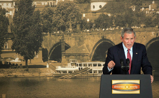 President George W. Bush emphasizes a point as he delivers remarks Tuesday, June 5, 2007, to democracy advocates at Czernin Palace in Prague. The President told his audience, "The most powerful weapon in the struggle against extremism is not bullets or bombs -- it is the universal appeal of freedom. Freedom is the design of our Maker, and the longing of every soul. Freedom is the best way to unleash the creativity and economic potential of a nation. Freedom is the only ordering of a society that leads to justice. And human freedom is the only way to achieve human rights." White House photo by Chris Greenberg