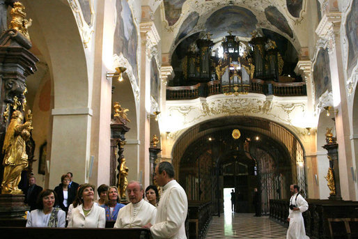Mrs. Laura Bush and Mrs. Livia Klausova, First Lady of Czech Republic, visit Strahov Church Tuesday, June 5, 2007, in Prague, Czech Republic. More than 800 years old, it is home to a library, gallery of art and monastery. White House photo by Shealah Craighead