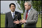 President George W. Bush meets with Prime MInister Shinzo Abe of Japan at the Kempinski Grand Hotel Wednesday, June 6, 2007, in Heiligendamm, Germany. The two leaders discussed a number of topics that included North Korea, energy and climate change. White House photo by Eric Draper