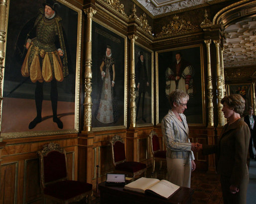 Mrs. Laura Bush is greeted by Sylvia Bretschneider, the President of the State Parliament, during a tour Wednesday, June 6, 2007, of the Schwerin Castle in Schwerin, Germany. White House photo by Shealah Craighead