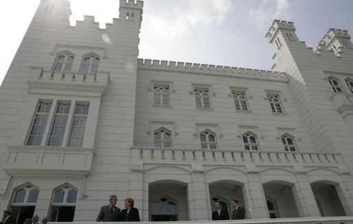 President George W. Bush and Chancellor Angela Merkel of Germany stand on the balcony of the Kempinski Grand Hotel Wednesday, June 6, 2007, in Heiligendamm, Germany, site of this year's G8 Summit. White House photo by Eric Draper