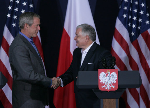 President George W. Bush and President Lech Kaczynski of Poland, shake hands at the conclusion of their joint statement Friday, June 8, 2007, at Gdansk Lech Walesa International Airport in Gdansk. White House photo by Chris Greenberg