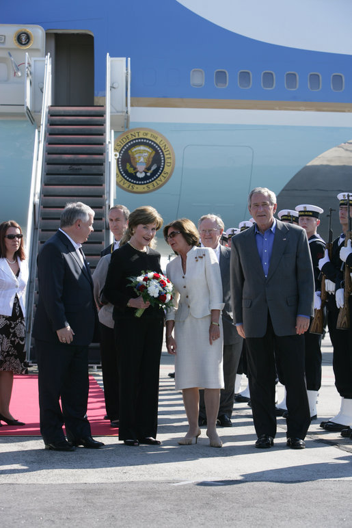 President George W. Bush and Mrs. Laura Bush are greeted by Poland's President Lech Kaczynski and Mrs. Maria Kaczynska at the Gdansk Lech Walesa International Airport Friday, June 8, 2007, in Gdansk. White House photo by Chris Greenberg