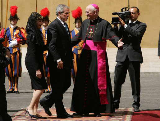 President George W. Bush and Mrs. Laura Bush arrive at The Vatican Saturday, June 9, 2007, where they met with Pope Benedict XVI, during their daylong visit in Rome. White House photo by Chris Greenberg