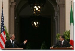 President George W. Bush responds to a reporter's question Saturday, June 9, 2007, during a joint statement with Prime Minister Romano Prodi at his Chigi Palace in Rome.  White House photo by Chris Greenberg