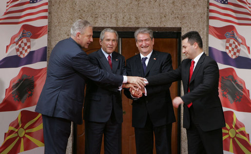 President George W. Bush stands with Prime Minister Ivo Sanader, left, of Croatia, Prime Minister Sali Berisha of Albania, and Prime Minister Nikola Gruevski of Macedonia, Sunday, June 10, 2007, following a lunch with the three leaders during a stop in Tirana, Albania. White House photo by Chris Greenberg
