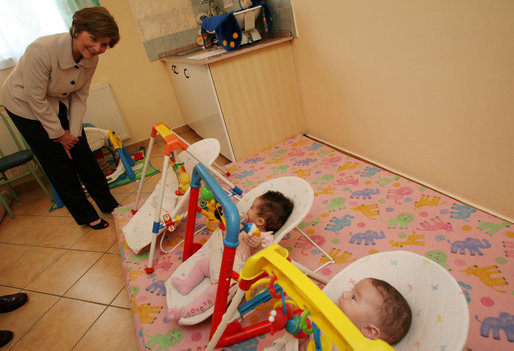 Mrs. Laura Bush visits a nursery at the Bethany House Orphanage Sunday, June 10, 2007, in Tirana, Albania, during a brief stop en route to Bulgaria, the last stop on a six-country, European visit for the President and First Lady. White House photo by Shealah Craighead