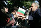 President George W. Bush greets well wishers Monday, June 11, 2007, during arrival ceremonies in Sofia's Nevsky Square. The Bulgaria stop was the last on a weeklong, six-country European visit by the President and Mrs. Bush. White House photo by Eric Draper