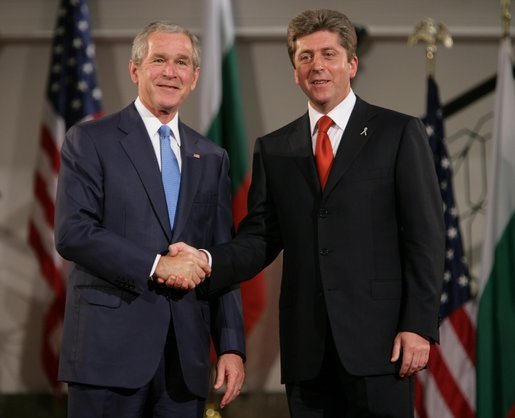 President George W. Bush and President Georgi Parvanov shake hands at the conclusion of their joint press availability Monday, June 11, 2007, in Sofia, Bulgaria. White House photo by Chris Greenberg