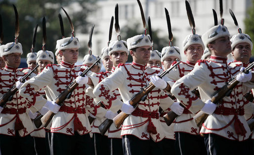 An honor guard stands at attention Monday, June 11, 2007, during the arrival ceremony for President George W. Bush and Mrs. Laura Bush in Sofia, Bulgaria. White House photo by Shealah Craighead
