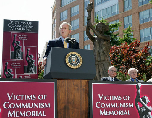President George W. Bush addresses his remarks Tuesday, June 12, 2007, at the dedication ceremony for the Victims of Communism Memorial in Washington, D.C. President Bush, in recalling the lessons of the Cold War said, "that freedom is precious and cannot be taken for granted; that evil is real and must be confronted." White House photo by Joyce N. Boghosian