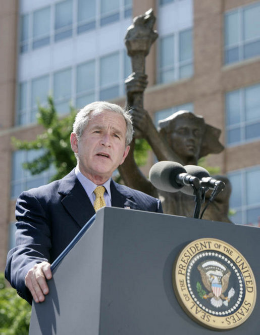 President George W. Bush addresses his remarks Tuesday, June 12, 2007, at the dedication ceremony for the Victims of Communism Memorial in Washington, D.C. President Bush, speaking on the anniversary of President Ronald Reagan’s Berlin Wall speech, said "It’s appropriate that on the anniversary of that speech, that we dedicate a monument that reflects our confidence in freedom’s power." White House photo by Joyce N. Boghosian