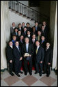 President George W. Bush stands with members of the Penn State Men's Gymnastics 2007 Championship Team Monday, June 18, 2007 at the White House, during a photo opportunity with the 2006 and 2007 NCAA Sports Champions. White House photo by Eric Draper