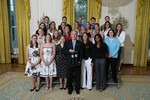 President George W. Bush stands with members of the University of North Carolina at Chapel Hill Women's Soccer 2007 Championship Team Monday, June 18, 2007 at the White House, during a photo opportunity with the 2006 and 2007 NCAA Sports Champions. White House photo by Eric Draper