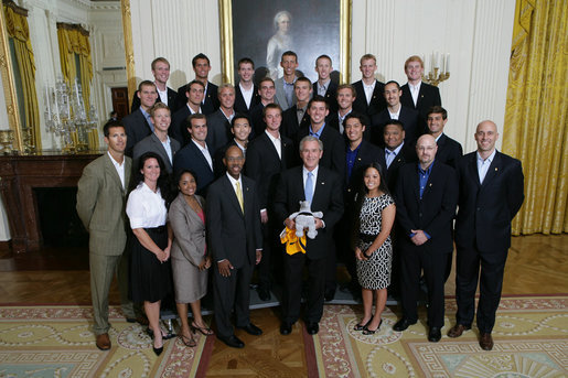 President George W. Bush stands with members of the University of California, Irvine Men's Volleyball 2007 Championship Team Monday, June 18, 2007 at the White House, during a photo opportunity with the 2006 and 2007 NCAA Sports Champions. White House photo by Eric Draper